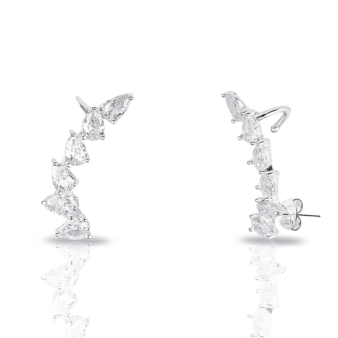 Brinco de Prata Leve Ear Cuff Gotas em Zircônias Cristal