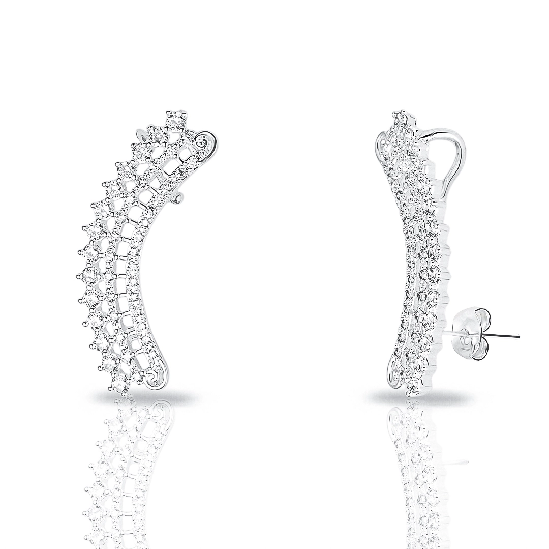 Brinco de Prata Leve Ear Cuff Vazado com Zircônias