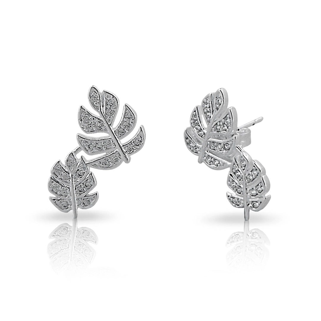 Brinco de Prata Leve Top Folhas com Zircônia Cristal 