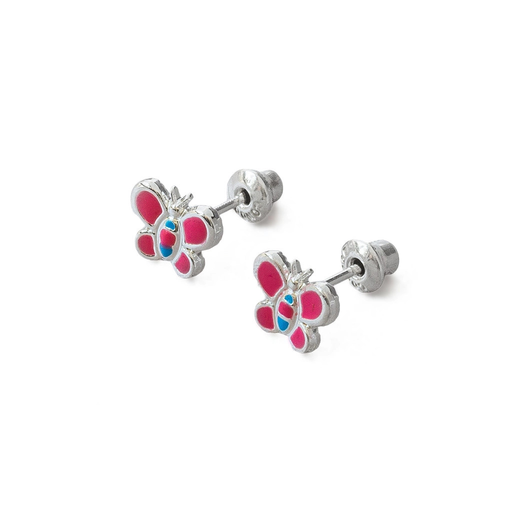 Brinco de Prata Leve Infantil Borboleta Esmaltada Rosa e Azul  