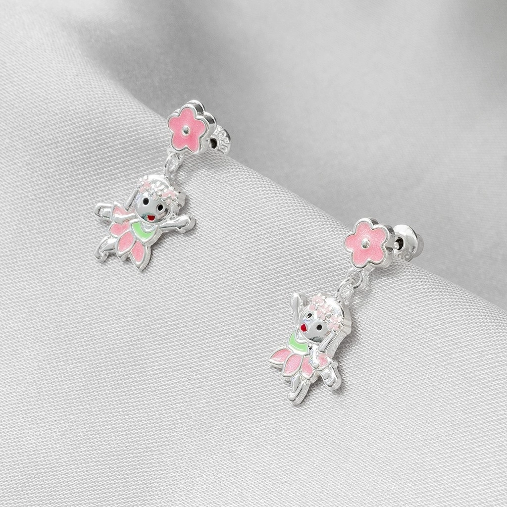 Brinco de Prata Leve Infantil Flor Rosa com Menina