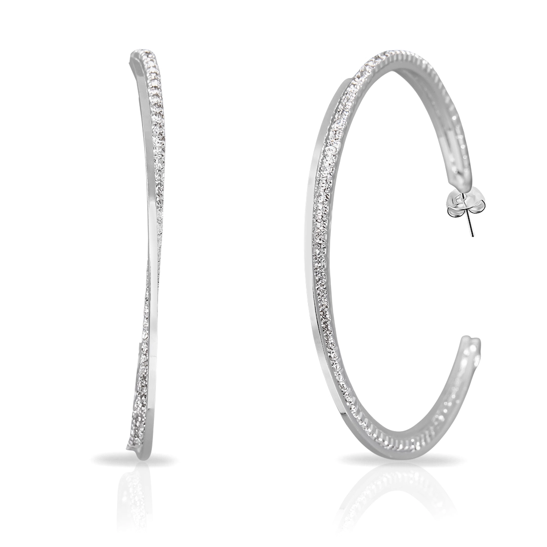 Brinco de Prata Leve Linha Festa Argola Dupla Espelhada Com Zircônia Cristal 