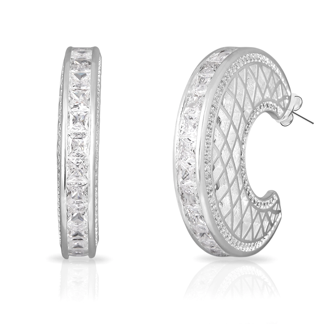 Brinco de Prata Leve Linha Festa Argola Trabalhada Com Zircônia Cristal 