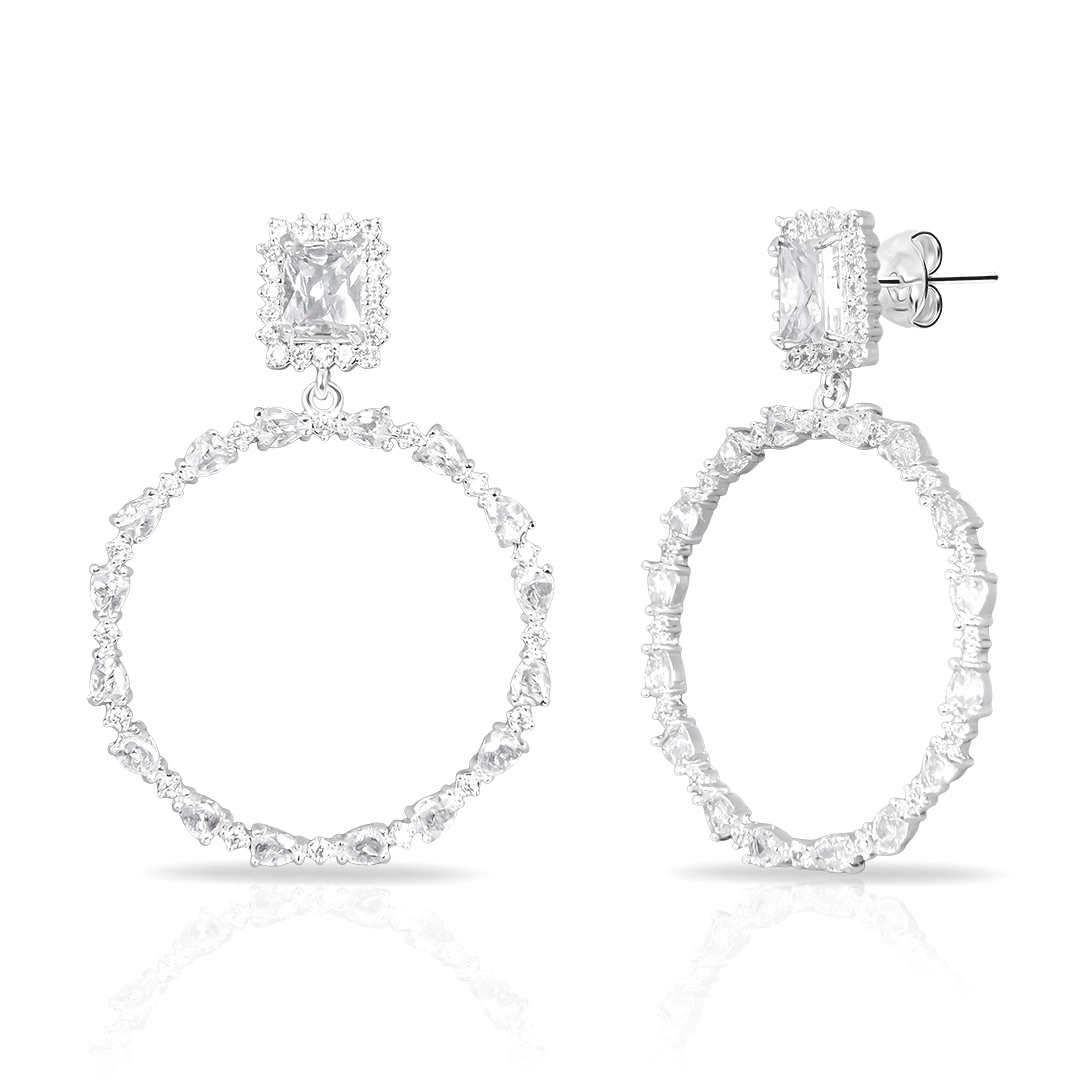 Brinco de Prata Leve Linha Festa Balanço Círculo com Zircônias Cristal