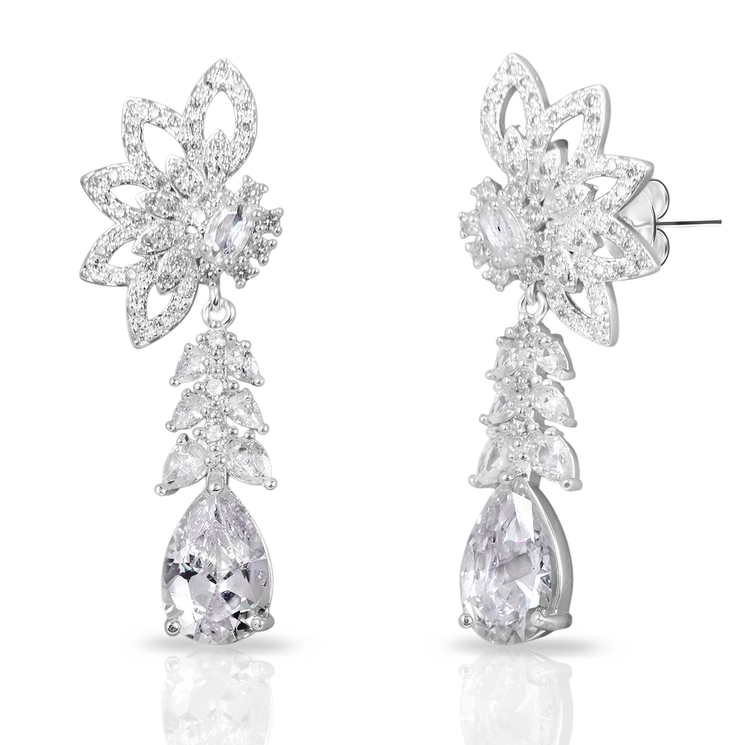 Brinco de Prata Leve Linha Festa Balanço Flor com Gotas em Zircônias Cristal