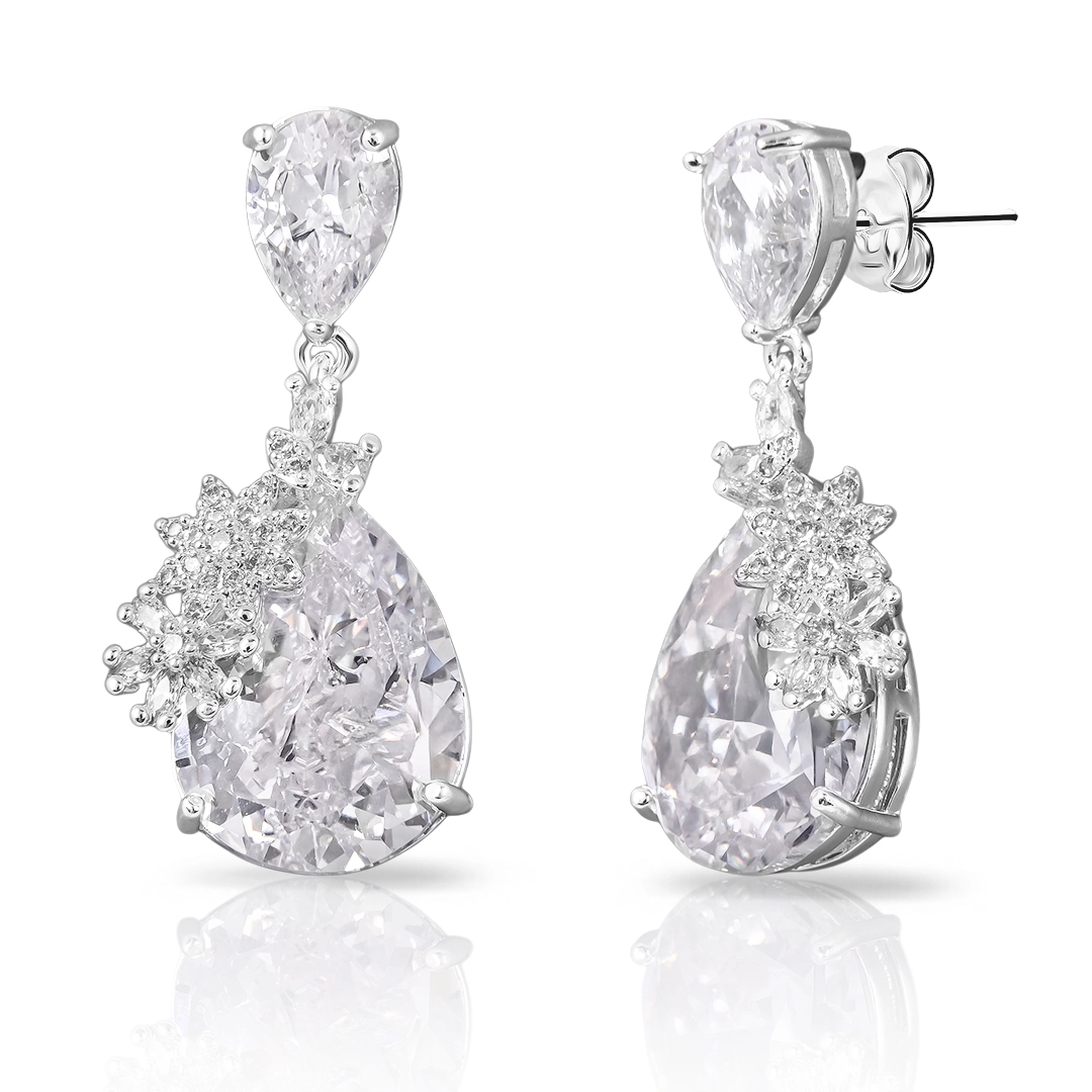 Brinco de Prata Leve Linha Festa Gota de Zircônia Cristal com Flores na Lateral