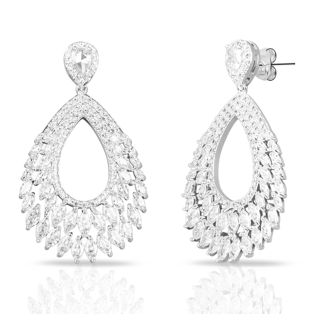 Brinco de Prata Leve Linha Festa Gota Trabalhada Com Zircônia Cristal 