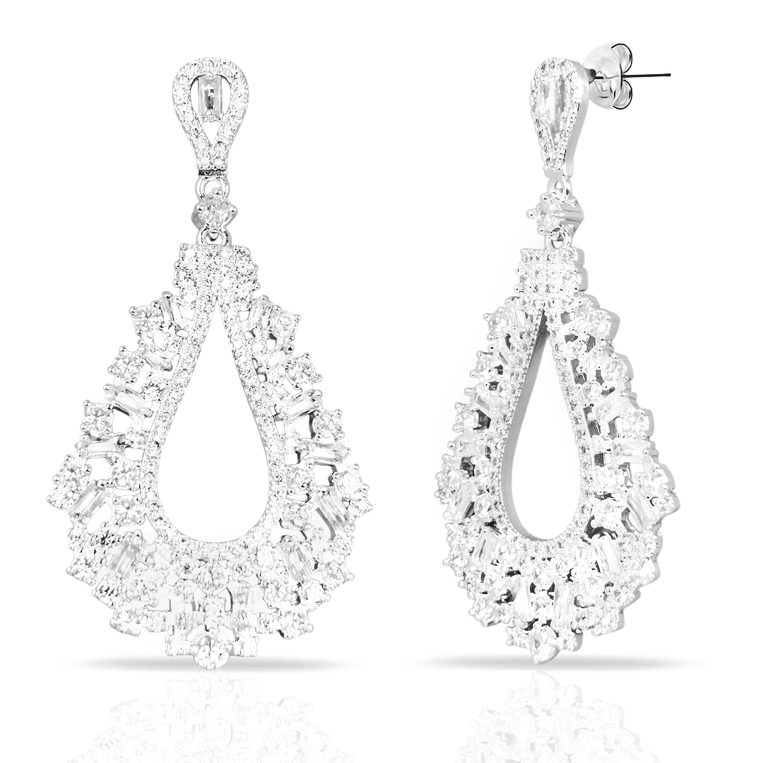 Brinco de Prata Leve Linha Festa Gota Trabalhada Com Zircônia Cristal 