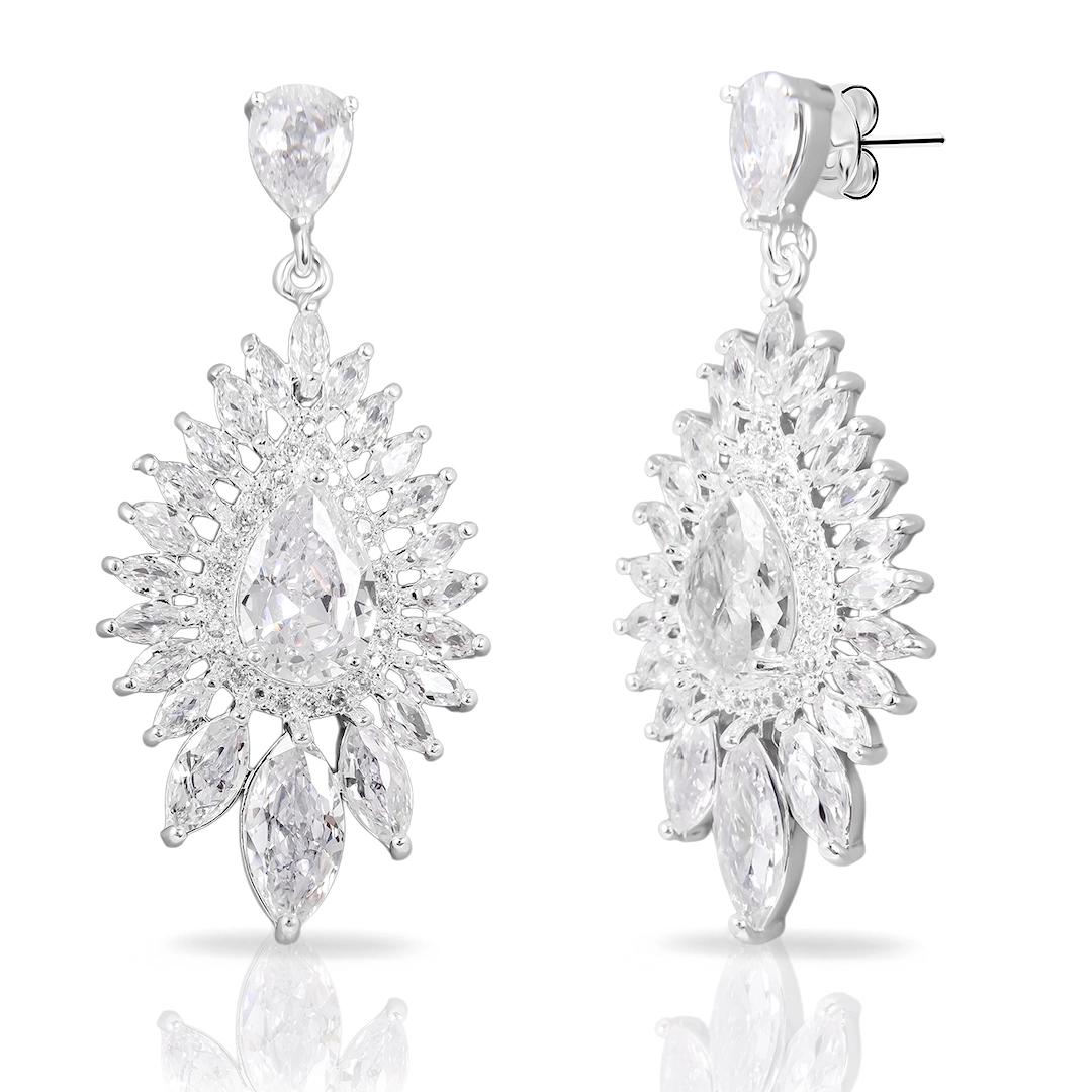 Brinco de Prata Leve Linha Festa Gota Trabalhada Com Zircônia Cristal  Navete