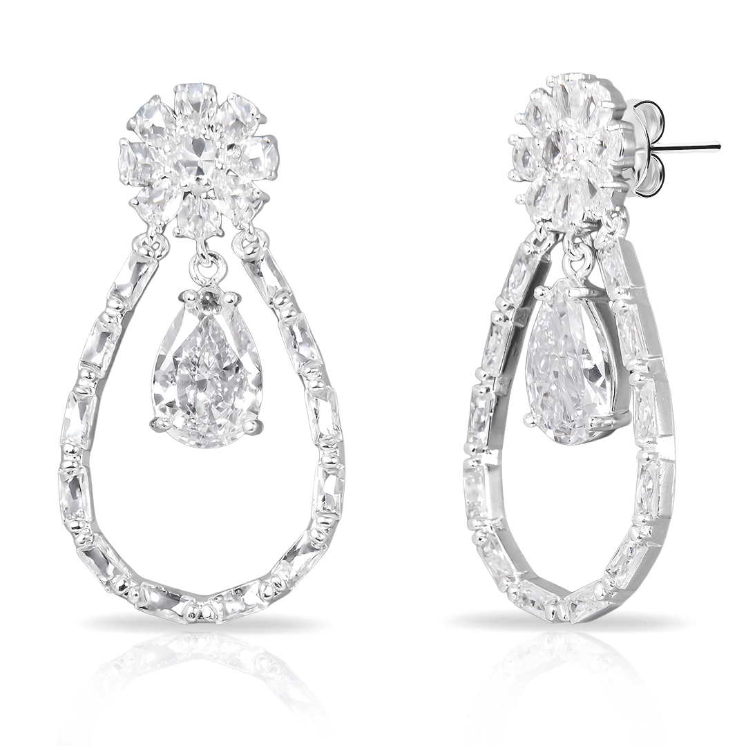 Brinco de Prata Leve Linha Festa Gota Vazada com Flor e Zircônias Cristal