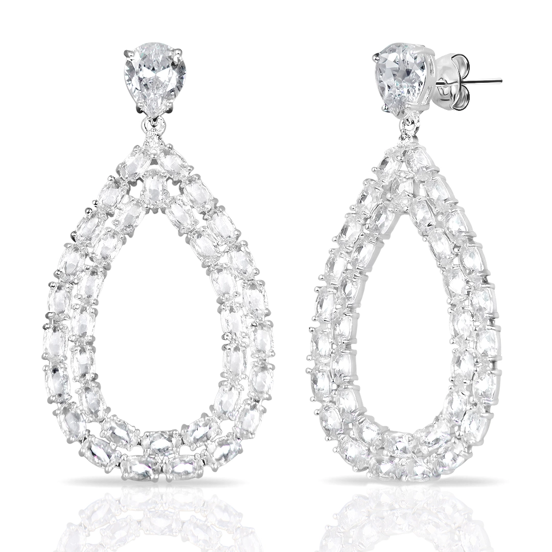 Brinco de Prata Leve Linha Festa Gota Vazada Com Zircônia Cristal 