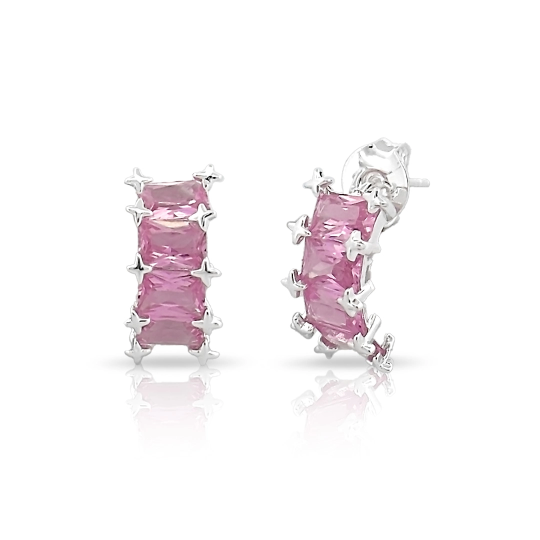 Brinco de Prata Leve Top com Zircônias Rosa Retangular
