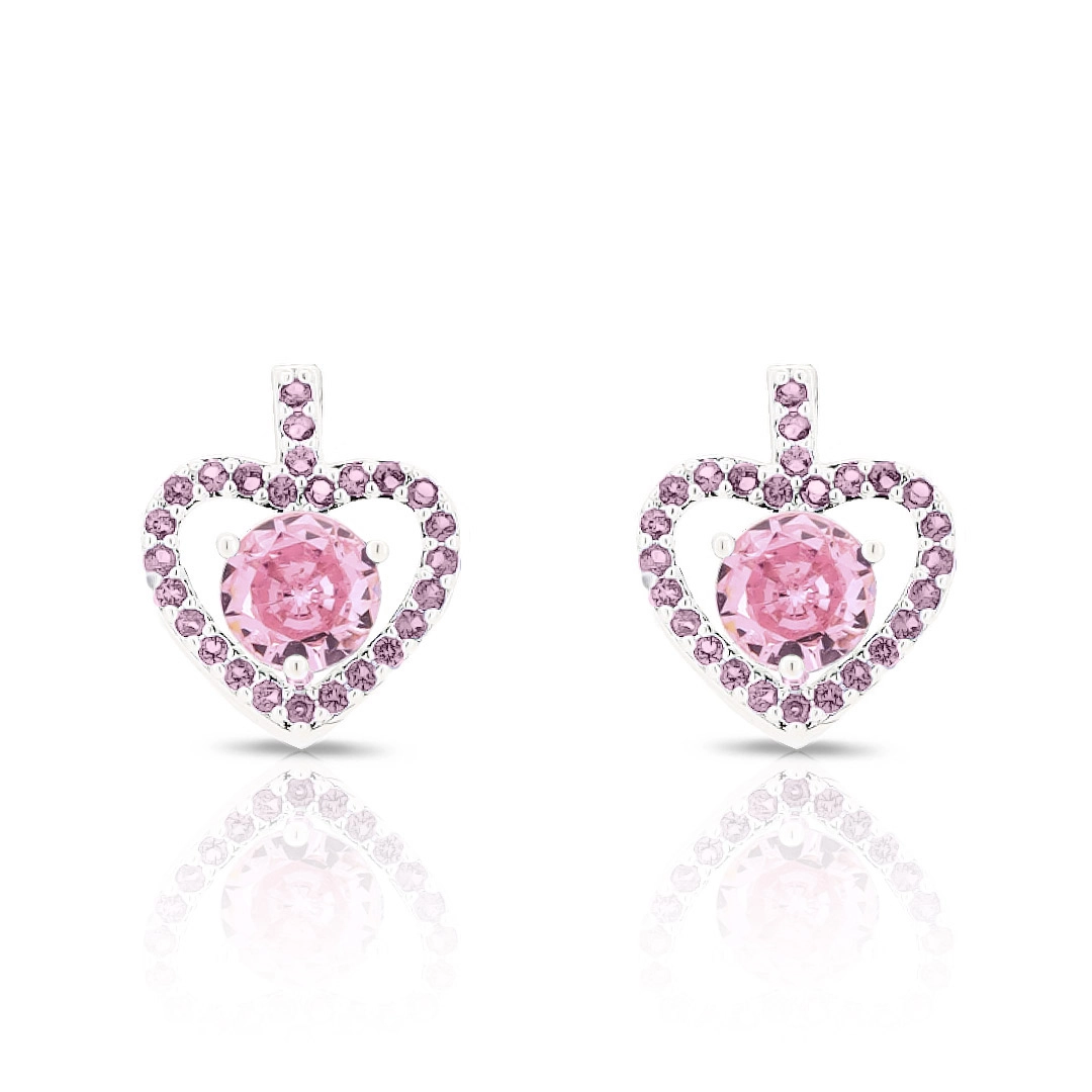 Brinco De Prata Leve Top  Coração com Zircônia Rosa