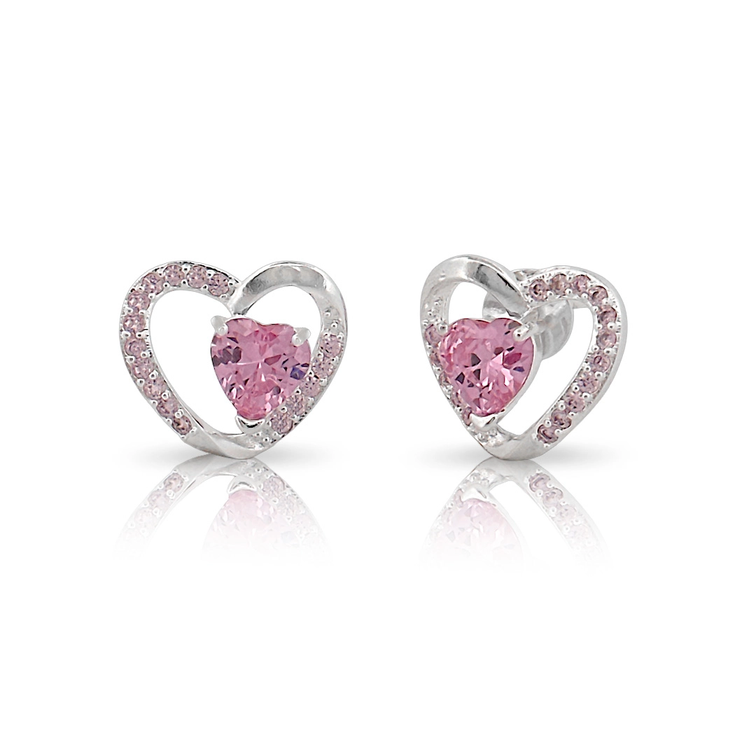 Brinco de Prata Leve Top Coração com Zircônias Rosa