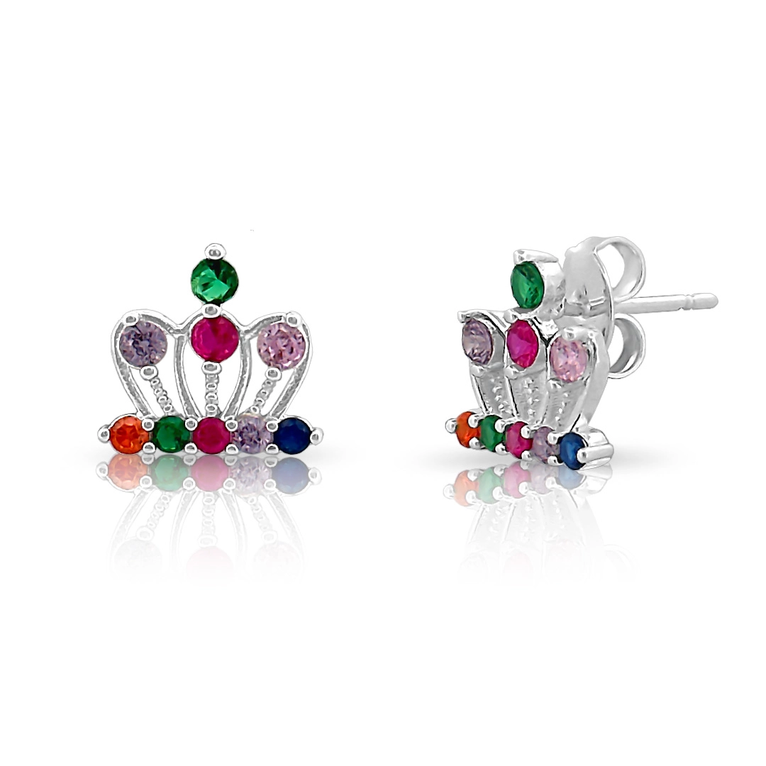 Brinco de Prata Leve Top Coroa Vazada com Zircônias Coloridas