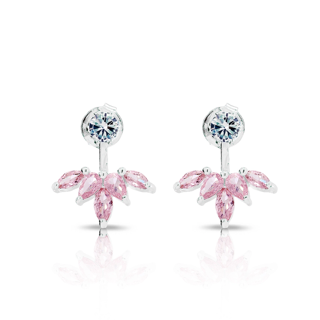 Brinco de Prata Leve Top Duplo com Zircônias Rosa