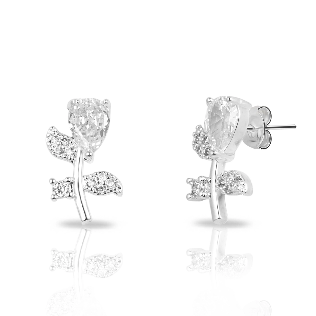 Brinco de Prata Leve Top Flor com Zircônia Cristal 