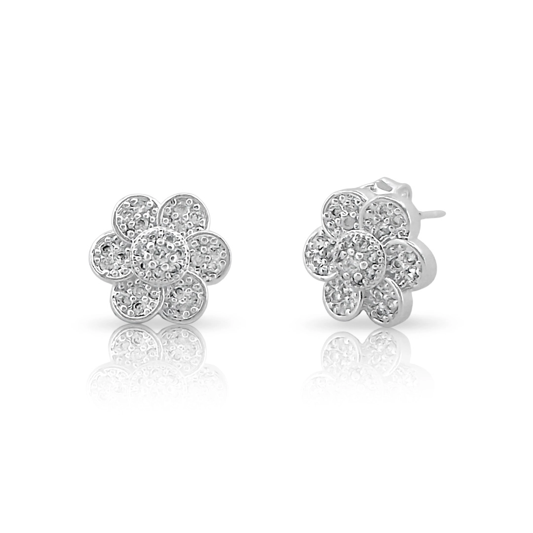 Brinco de Prata Leve Top Flor com  Zircônia Cristal 