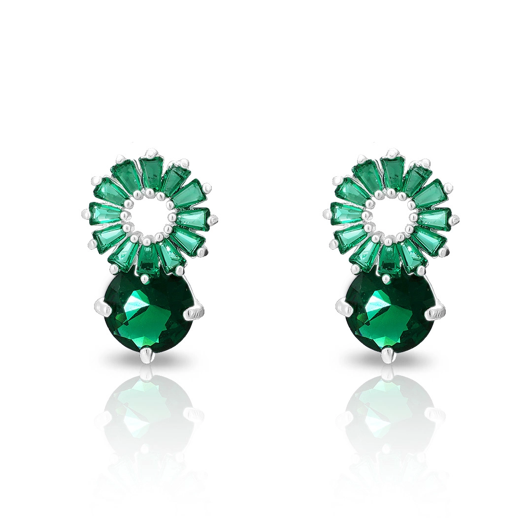 Brinco de Prata Leve Top Flor com Zircônia Esmeralda