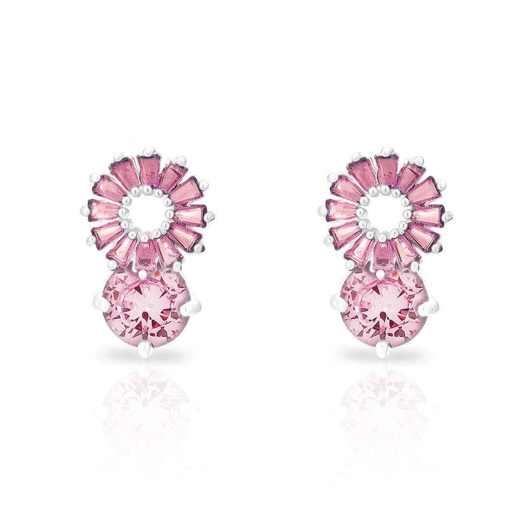 Brinco de Prata Leve Top Flor com Zircônia Rosa