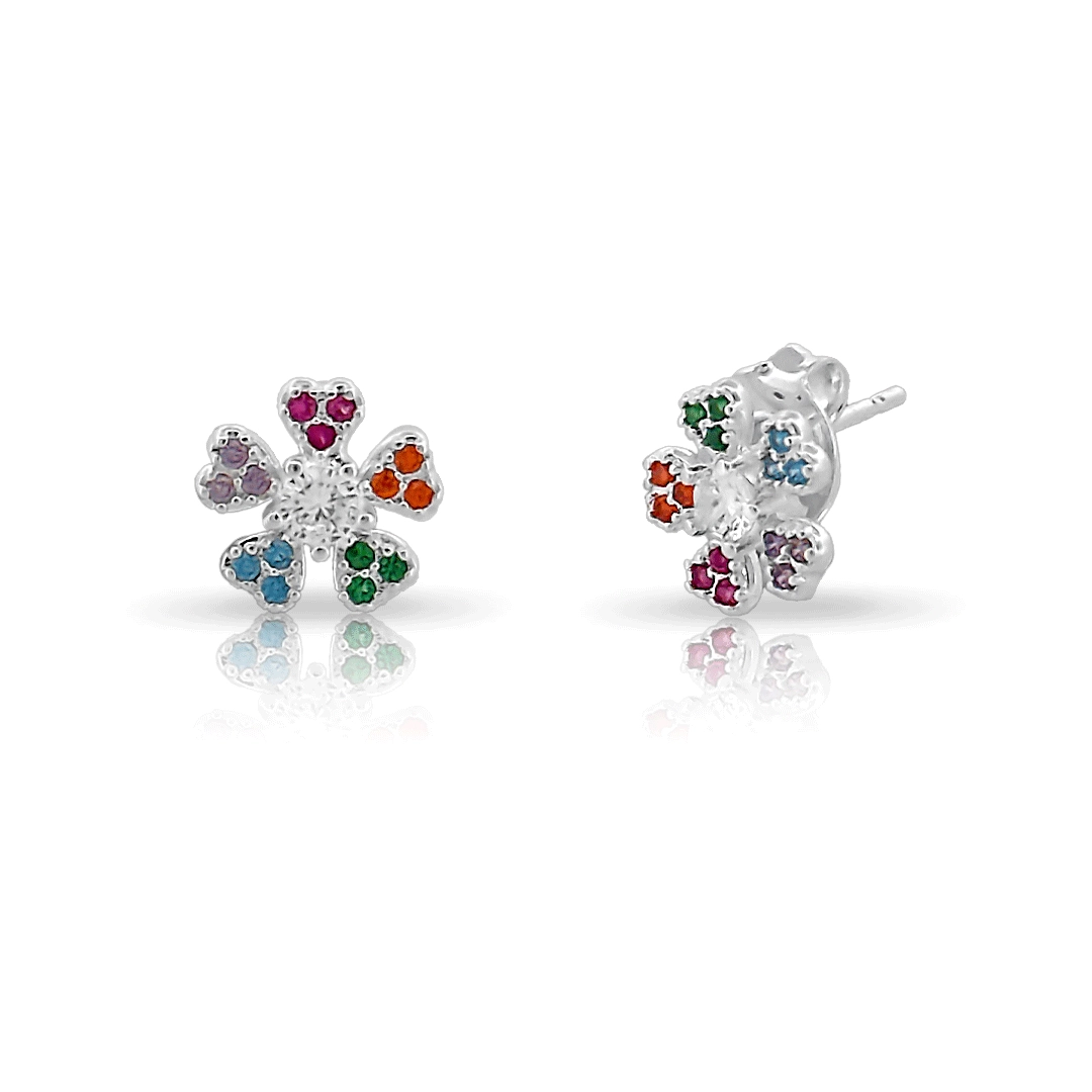 Brinco de Prata Leve Top Flor com Zircônias Coloridas