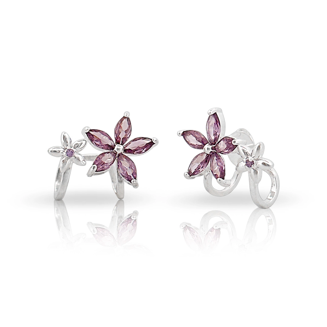 Brinco de Prata Leve Top Flor Dupla com Zircônia Ametista