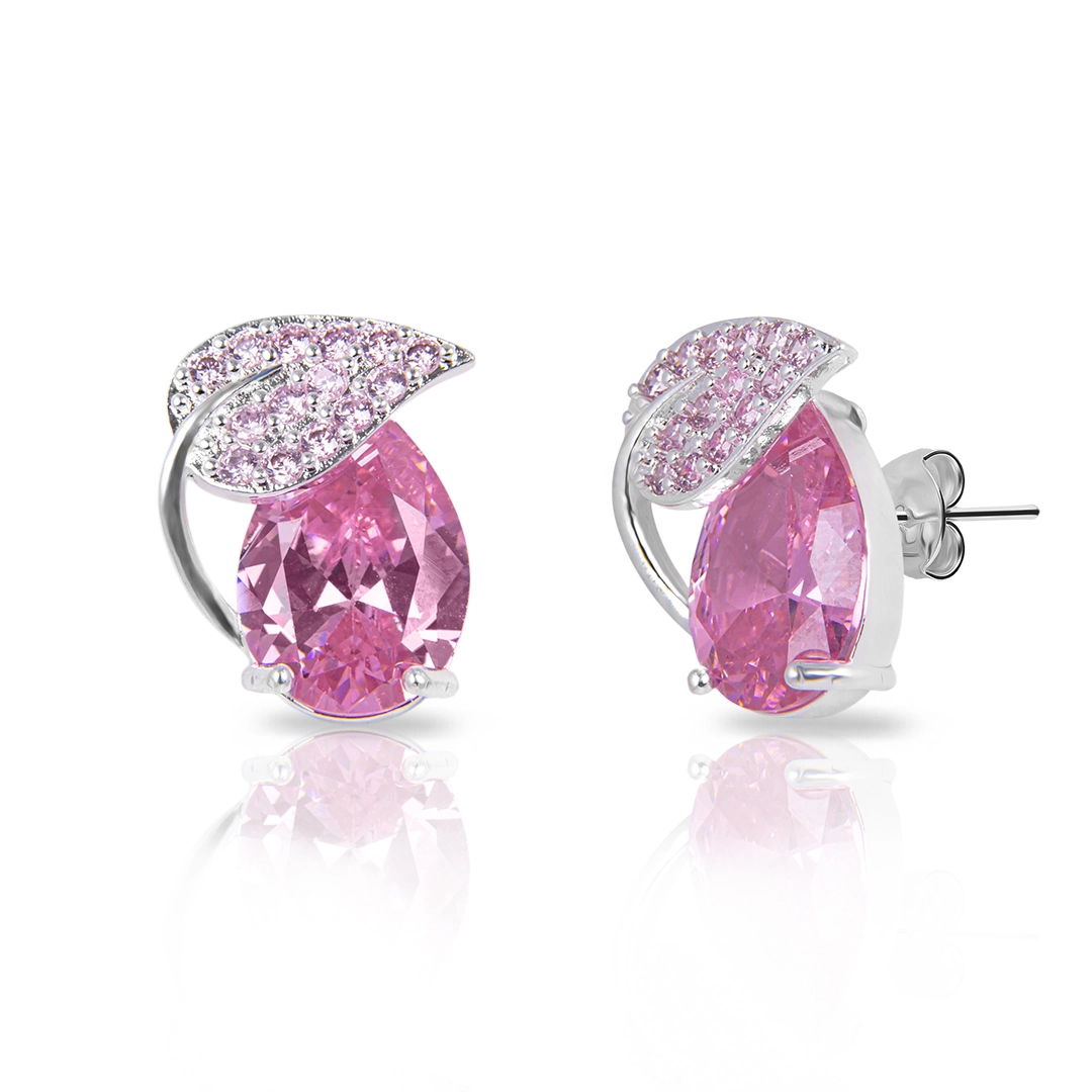 Brinco de Prata Leve Top Gota de Zircônia Rosa com Folha