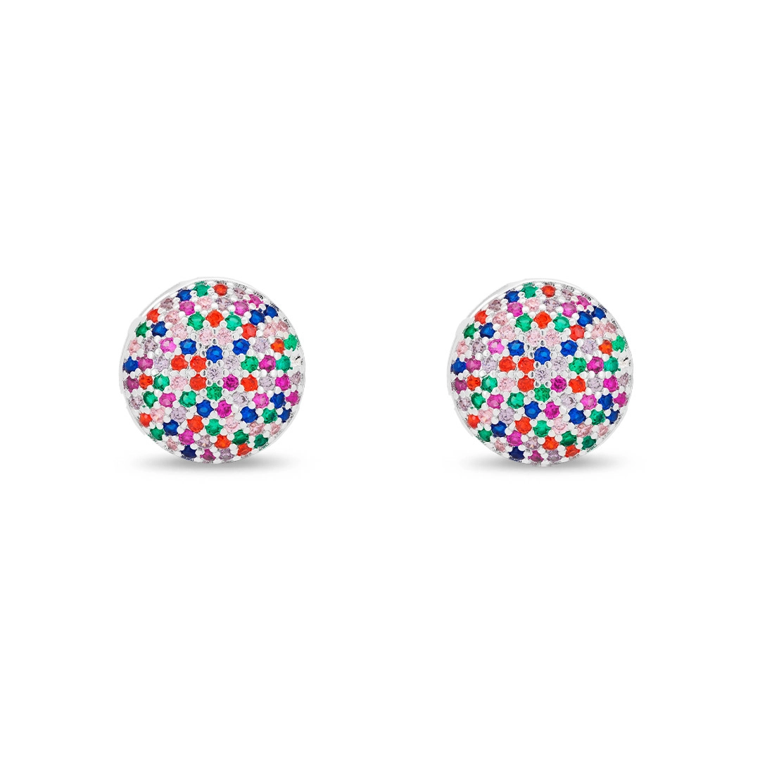 Brinco de Prata Leve Top Redondo com Zircônias Coloridas 