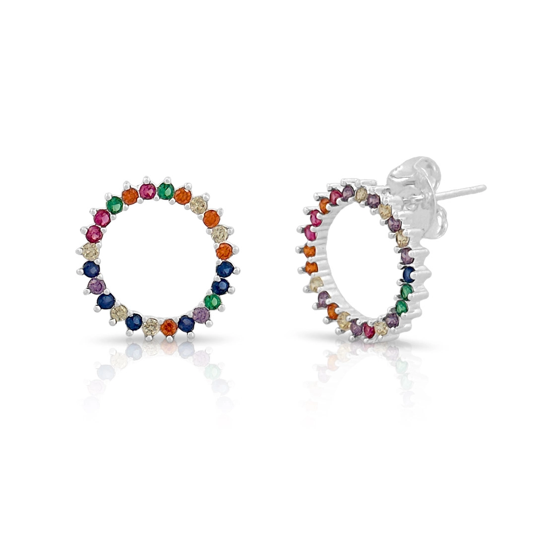 Brinco de Prata Leve Top Redondo com Zircônias Coloridas