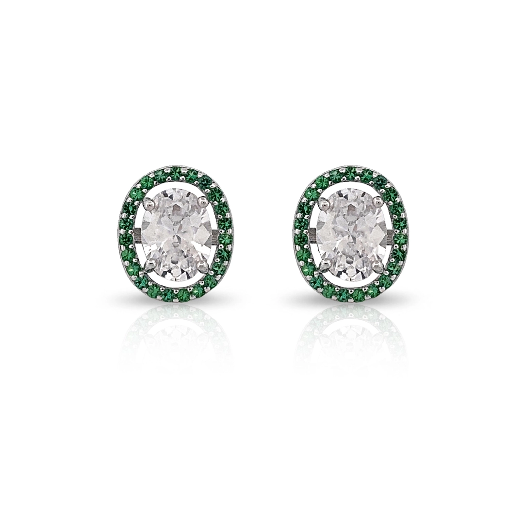 Brinco de Prata Oval com Zircônia Cristal E Zircônia Esmeralda