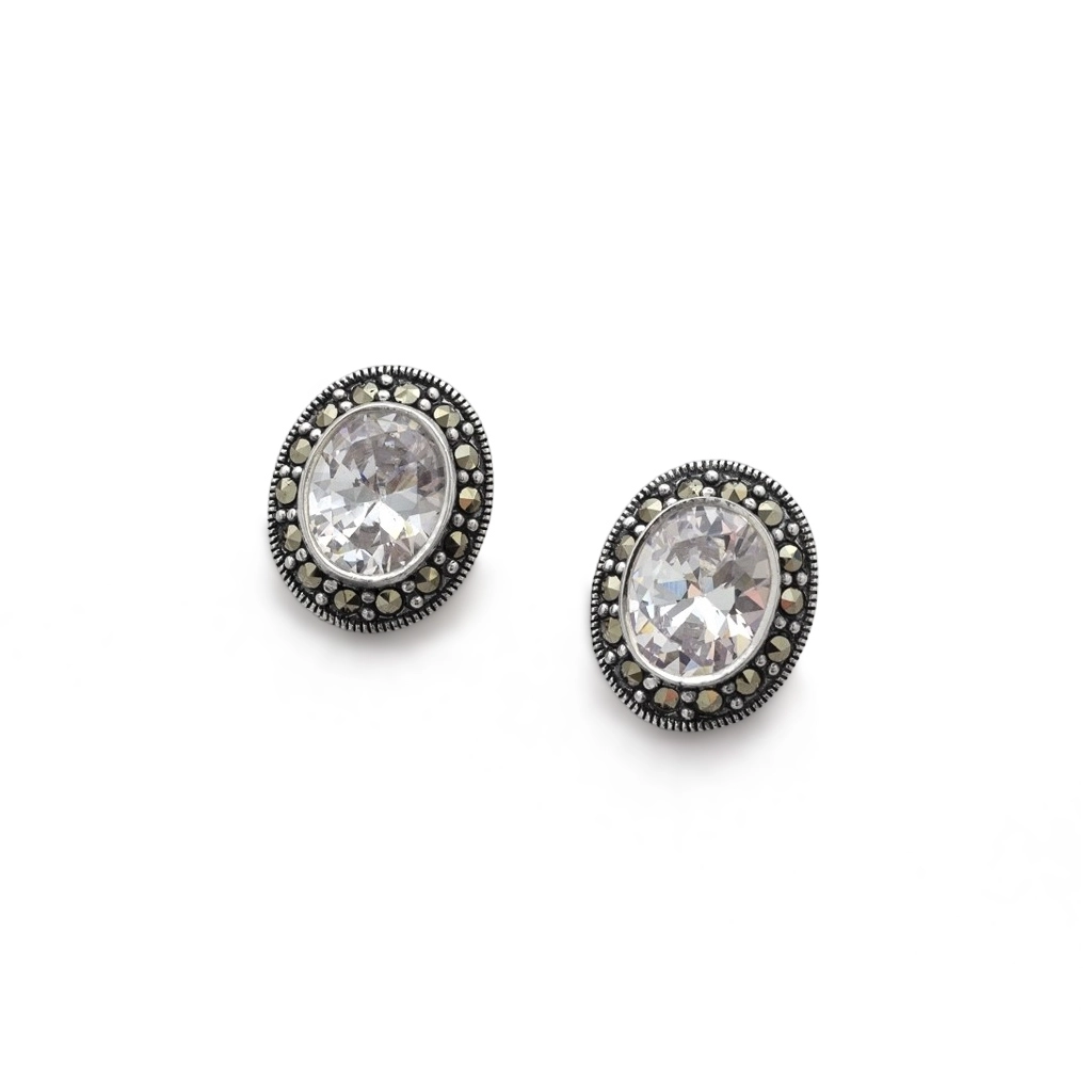 Brinco de Prata Top com Marcassita e Zircônia Cristal Oval