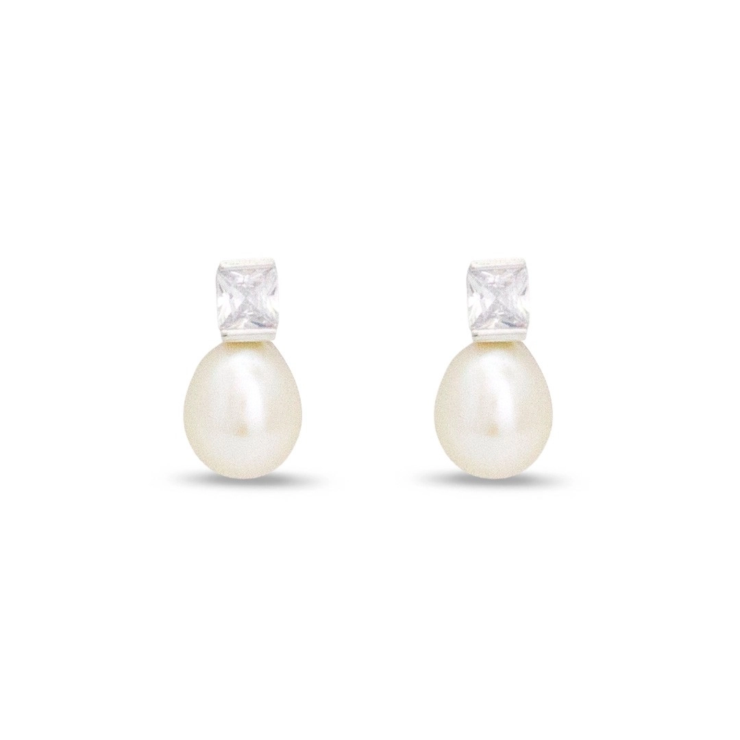 Brinco de Prata Top com Pérola Biwa e Zircônia Cristal Retangular