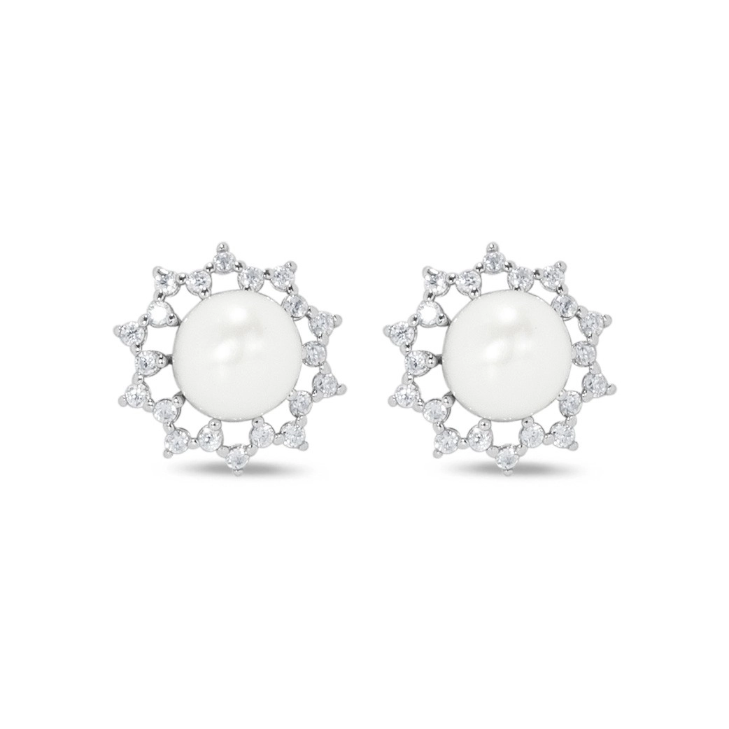 Brinco de Prata Top Flor com Pérola Biwa e Zircônia Cristal