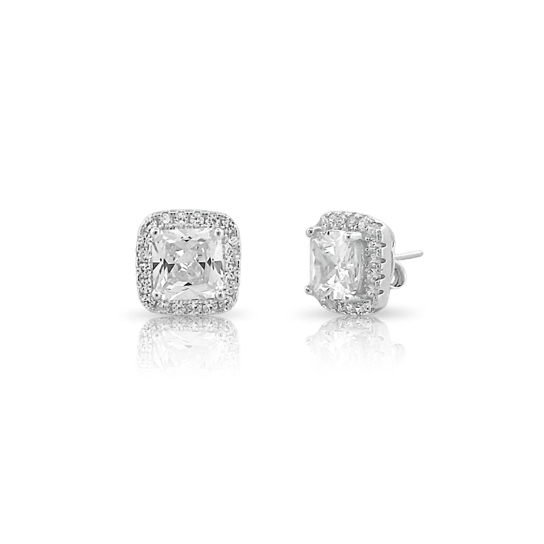 Brinco de Prata Top Quadrado com Zircônia Cristal Cravejada