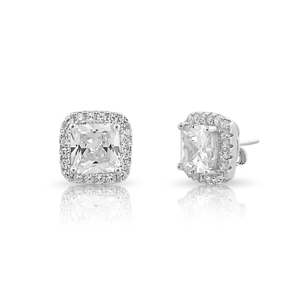 Brinco de Prata Top Quadrado Com Zircônia Cristal Cravejada