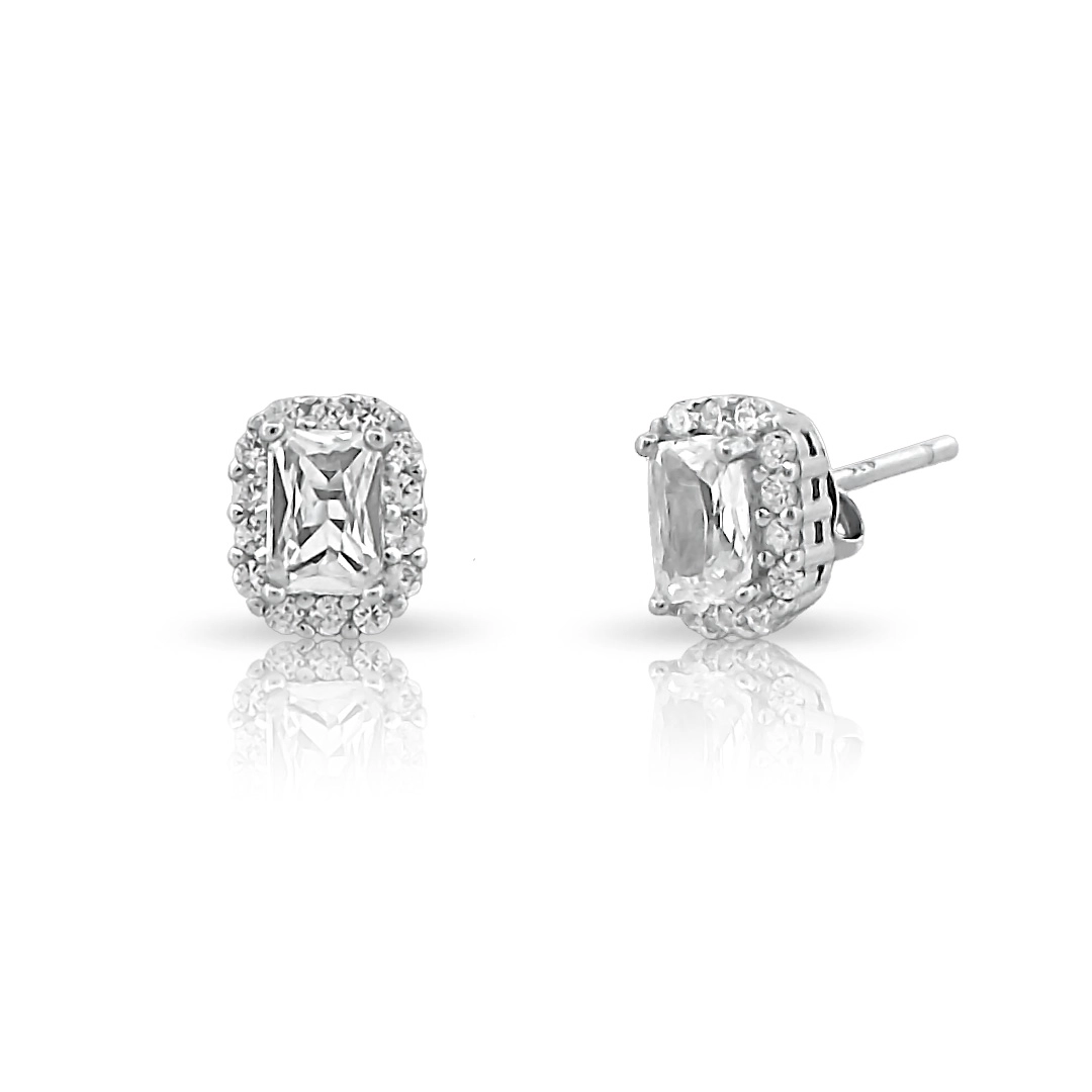 Brinco de Prata Top Retangular com Zircônia Cristal Cravejada