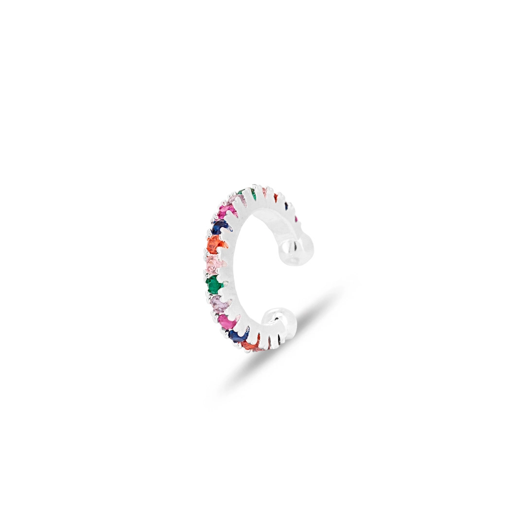 Brinco Ear Cuff De Prata Leve Com Zircônias Coloridas