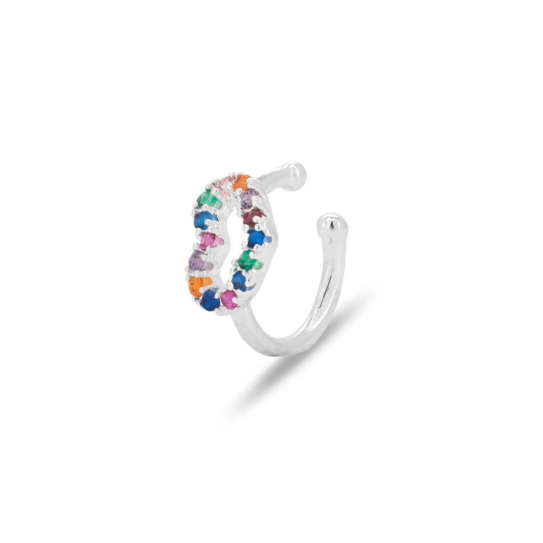 Brinco Ear Cuff De Prata Leve Coração Com Zircônias Coloridas