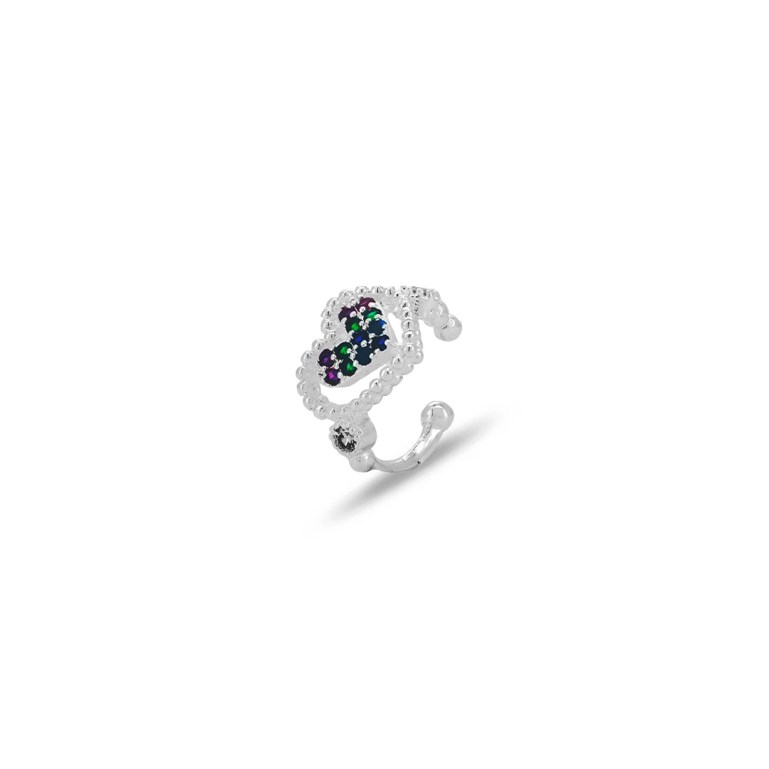 Brinco Ear Cuff De Prata Leve Coração Com Zircônias Coloridas