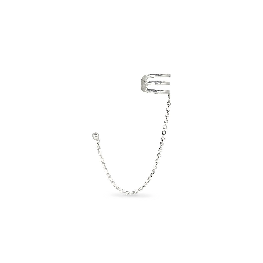 Brinco Ear Cuff de Prata Top com Corrente e Argola Tripla Vazada