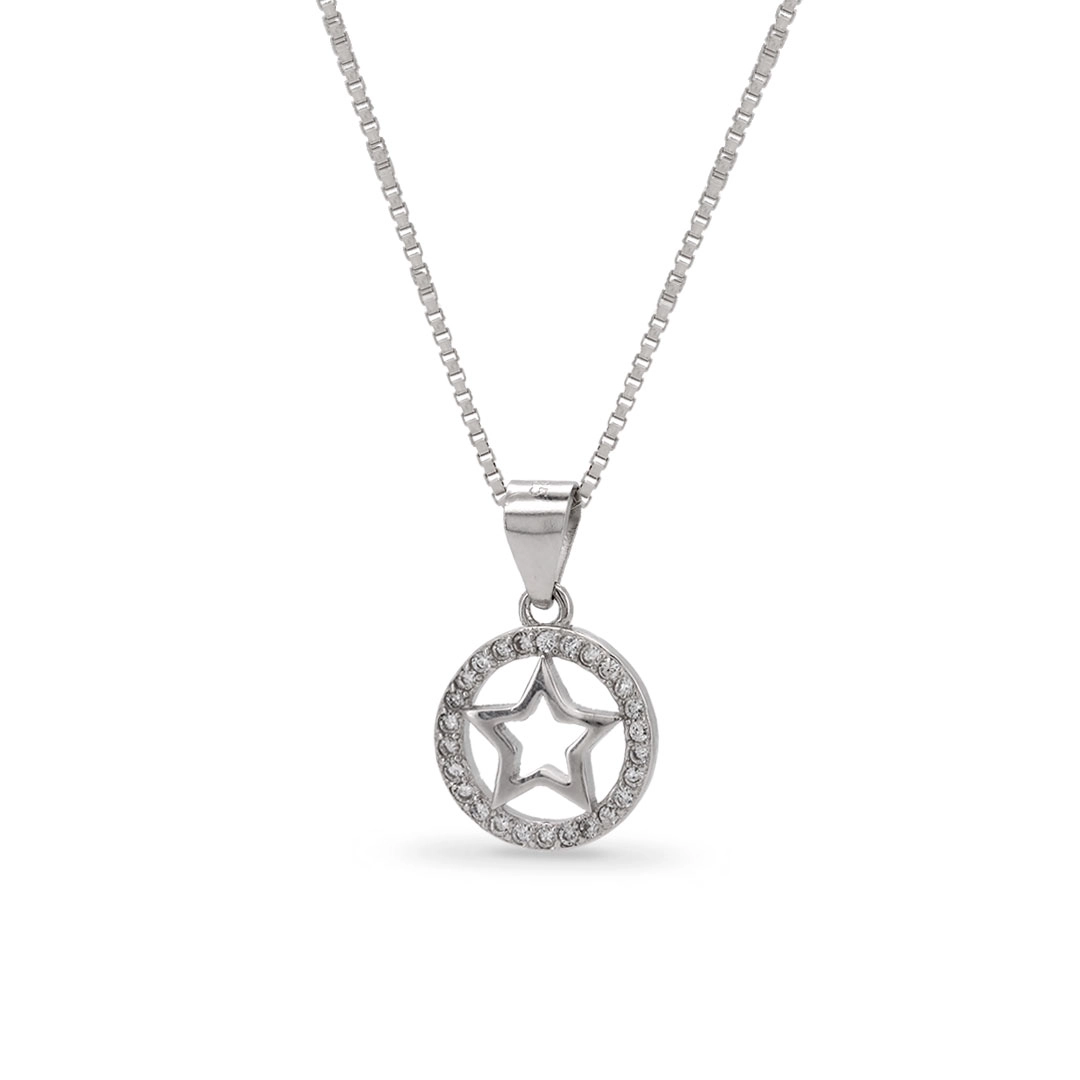 Gargantilha De Prata Círculo com Estrela e Zircônia Cristal 