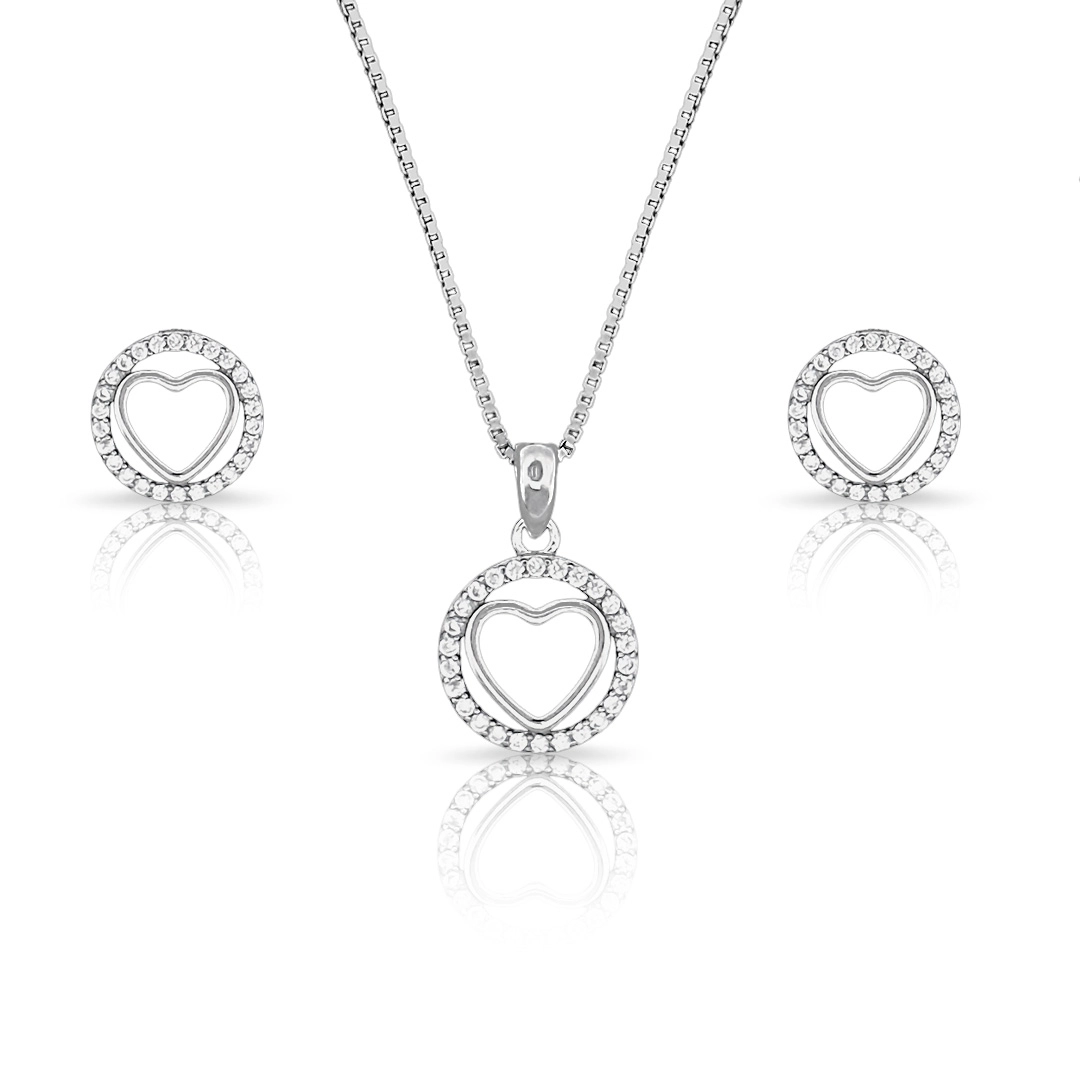 Gargantilha de Prata com Brincos De Zircônias Cristal e Coração 