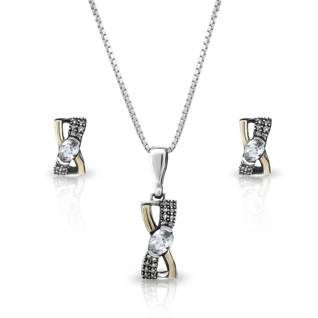Gargantilha de Prata com Brincos Top e Pingente com Zircônia Cristal e Aplique em Ouro 