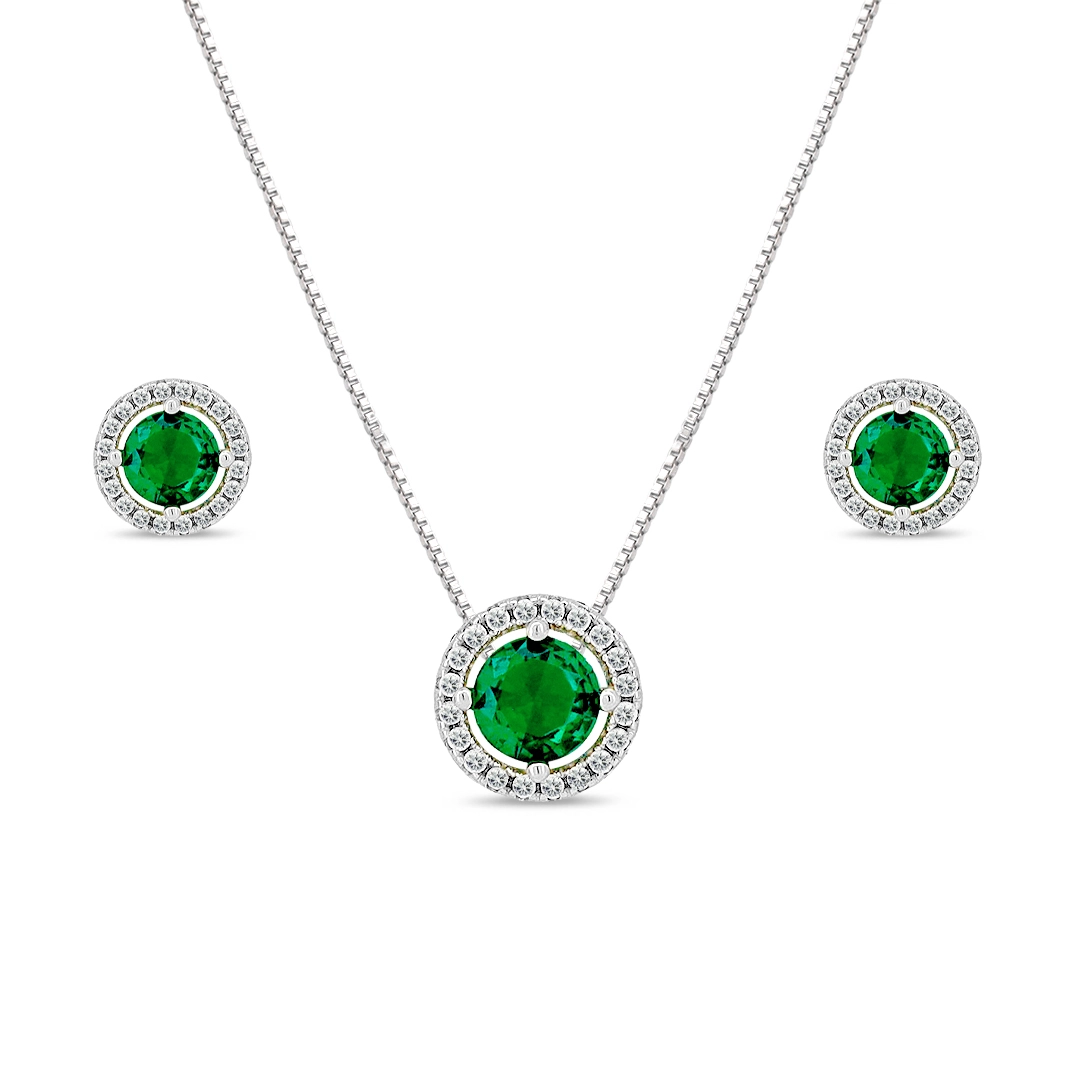 Gargantilha de Prata com Brincos Top e Pingente com Zircônia Cristal e Zircônia Esmeralda 