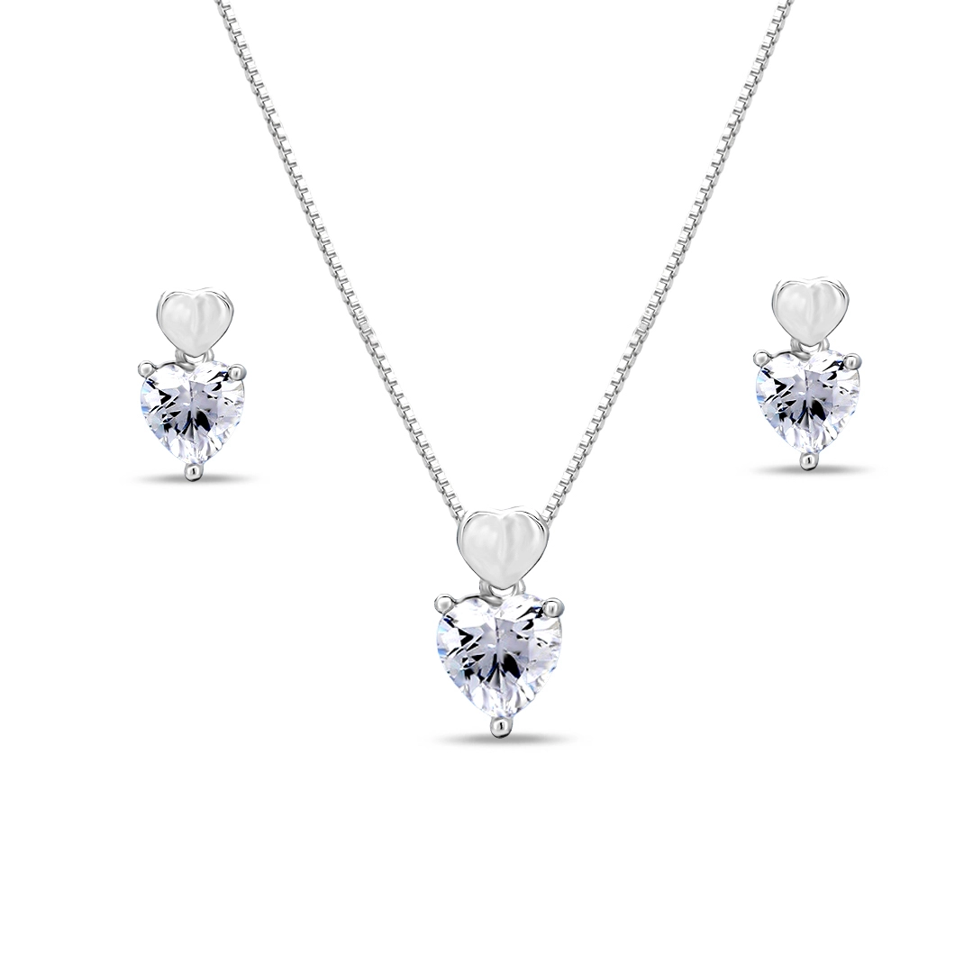 Gargantilha de Prata com Brincos Top e Pingente de Coração com Zircônia Cristal