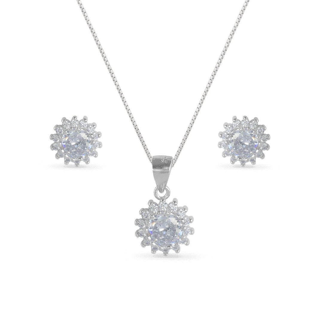 Gargantilha de Prata com Brincos Top e Pingente de Zircônia Cristal