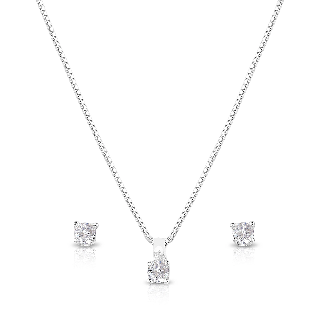 Gargantilha de Prata com Brincos Top e Pingente Ponto Luz de Zircônias Cristal