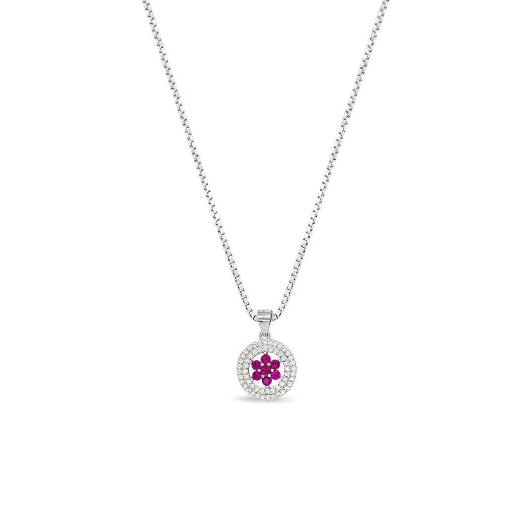 Gargantilha de Prata com Flor de Zircônia Rubi