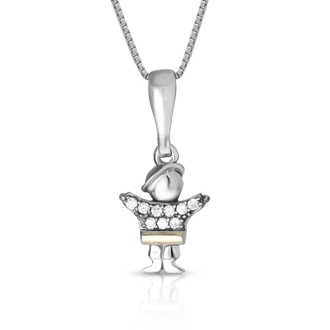 Gargantilha de Prata com Menino,  Zircônia Cristal e Aplique em Ouro 