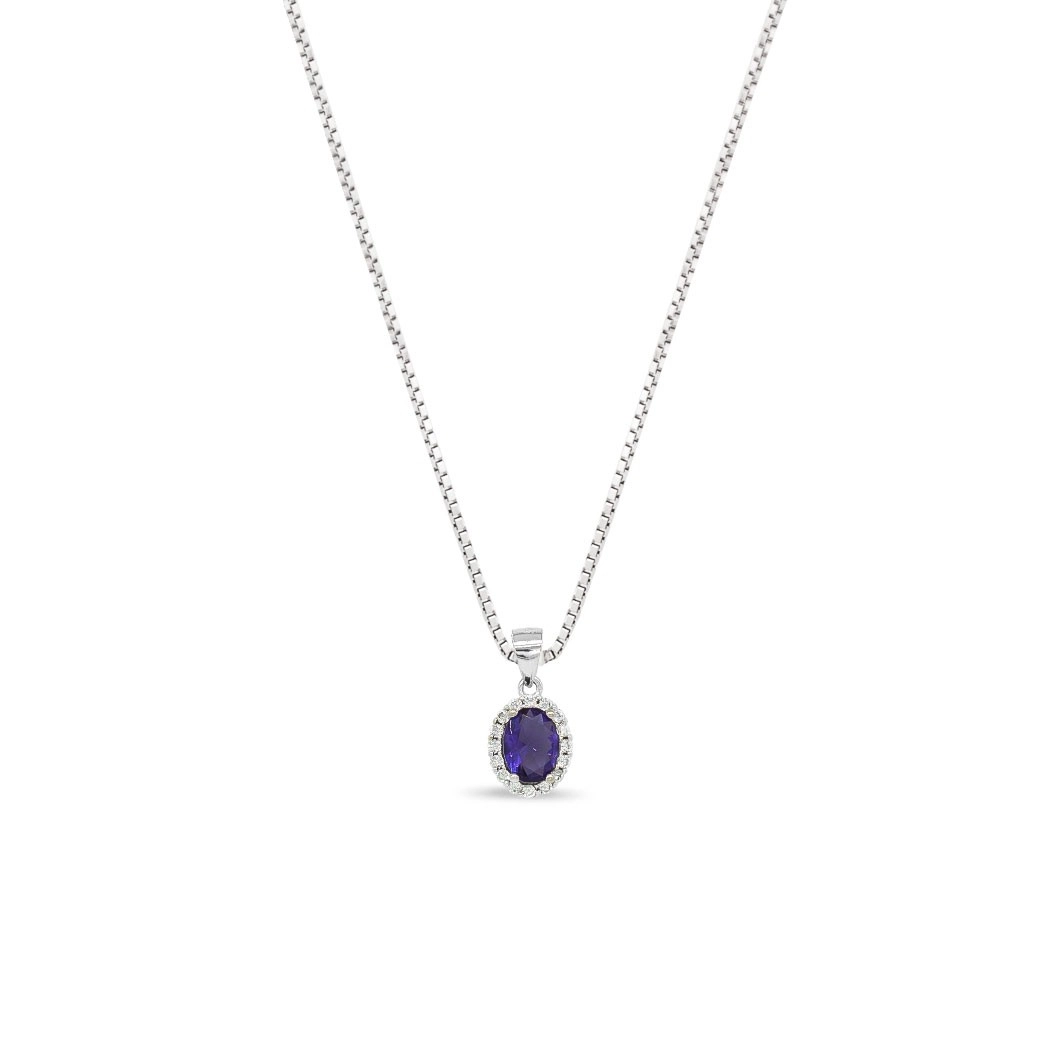 Gargantilha de Prata com Zircônia Cristal e Zircônia Ametista Oval